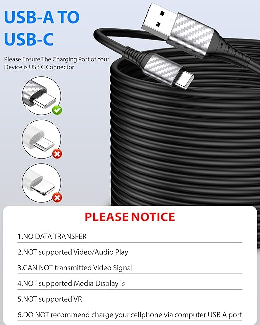 30ft Long USB C Cable to USB A 10W 12W 18W 20W Heavy-Duty Power Extension Cord USBA to USBC Charging for Samsung/Galaxy Note 20 Ultra for Tapo/TP-Link/Xiaomi/Mi/eufy Security CCTV Camera Black