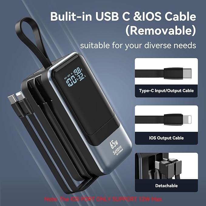 Selore&S-Global Portable Charger with Wall Plug & Power Bank with Dual Built-in Cable, 65W Fast Charging, for iPhone Laptop Samsung