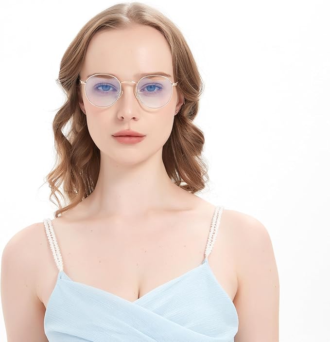 Round Blue Light Blocking Glasses for Men Women, Circle Metal Wire Rimmed Frame Glasses Anti Glare & UV RF5002
