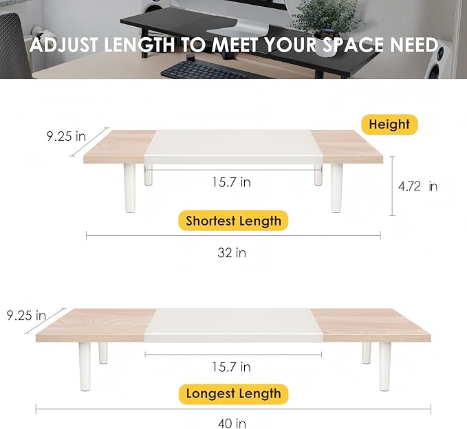Across-Star Dual-Monitor-Stand-Riser-For-Desk Adjustable Length 32-40 Inch，Large Desktop Computer Monitor Riser For 2 Screens，Desk Shelf Organizer Riser Stand For Computer/Laptop/PC/Printer/TV Black