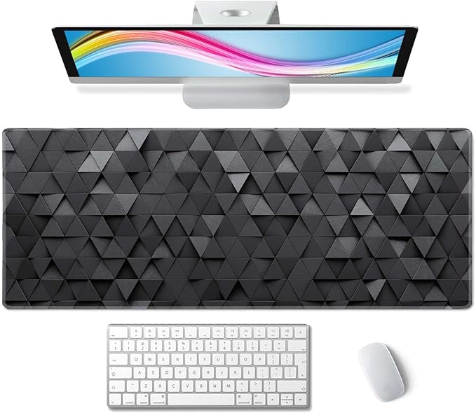 Gaming Mouse Pad, Large Mouse Pads for Desk, Non-Slip Rubber Base Mousepad, Keyboard Mouse Mat, Desk Pad with Stitched Edges, 31.5x11.8inch, Black Grey Triangular Abstract