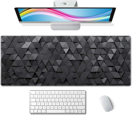 Gaming Mouse Pad, Large Mouse Pads for Desk, Non-Slip Rubber Base Mousepad, Keyboard Mouse Mat, Desk Pad with Stitched Edges, 31.5x11.8inch, Black Grey Triangular Abstract