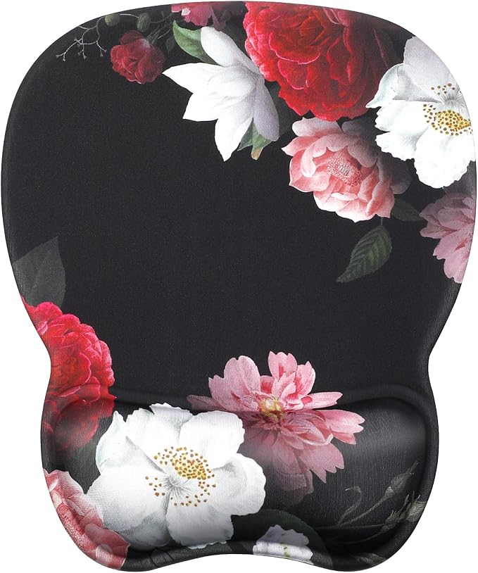 MROCO Ergonomic Mouse Pad with Gel Wrist Rest, Smooth Wrist Support Surface, Non-Slip PU Base for Pain Relief, Comfortable Mousepad for Computer, Laptop, Office & Home, 9.4 x 8.1 in, Black Flower