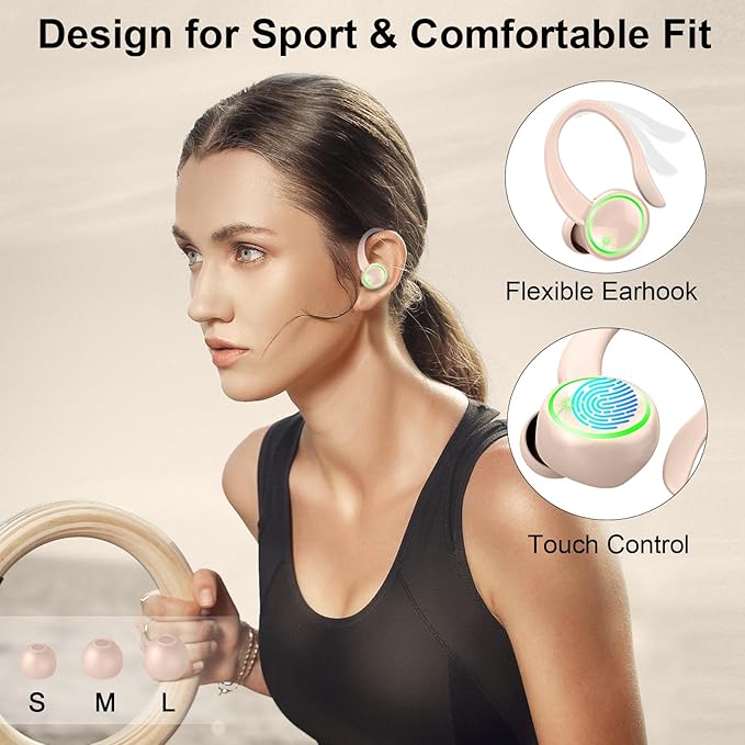 Wireless Earbuds, Bluetooth 5.4 Headphones Sports, 50H Playback Over-Ear buds with ENC Noise Cancelling Mic, Deep Bass Fitness Earphones with Earhooks, IP7 Waterproof Headset for Running Workout Pink