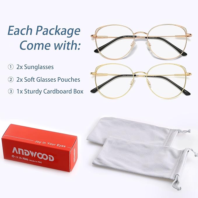 ANDWOOD Blue Light Blocking Glasses Women Cat Eye Computer Eyeglasses Metal Frame Hipster 2 Pack