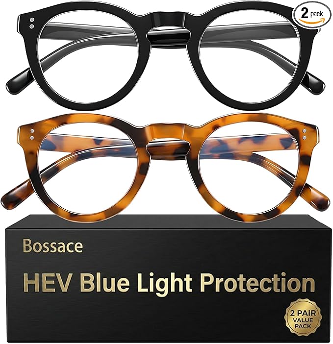 2 Pack Round Blue Light Glasses for Women, TR90 Computer Glasses with Spring Hinge for All-Day Comfort, Anti UV Glare & Eyestrain