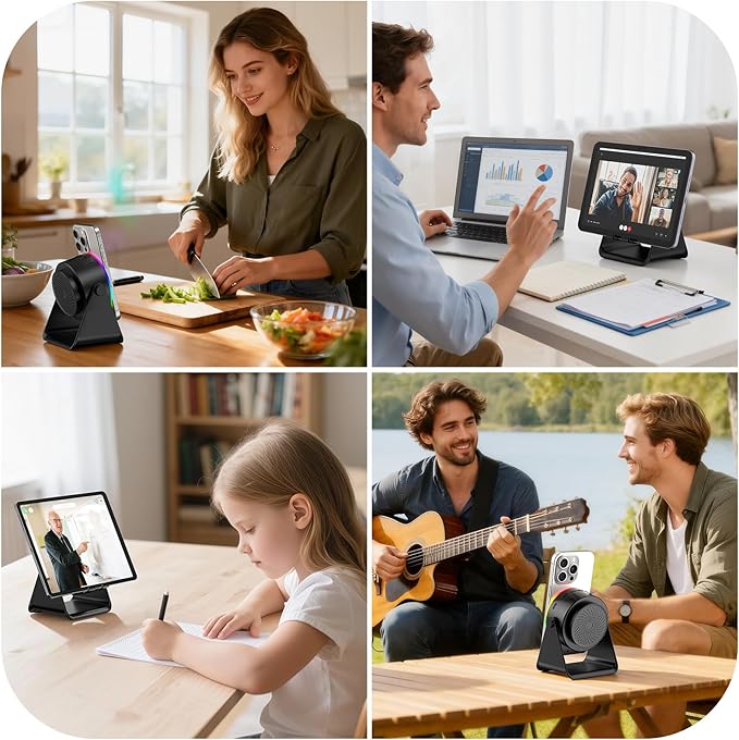 TARKARI Wireless Induction Speaker, 5 in 1 Bluetooth Speaker, 360° Rotation Cell Phone Stand with Ambient Light Compatible with iPhone iPad Android Tablet, Birthday Gifts for Women Men Him