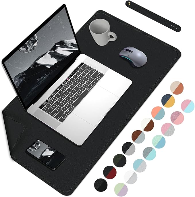 Bleswin Double-Sided Desk Mat, 23.6''×13.8'', PU Leather Mouse Pad, Waterproof Desk Pad, Laptop Leather Desk Mat, Protector for Keyboard and Mouse for Office and Home (Black+Black)