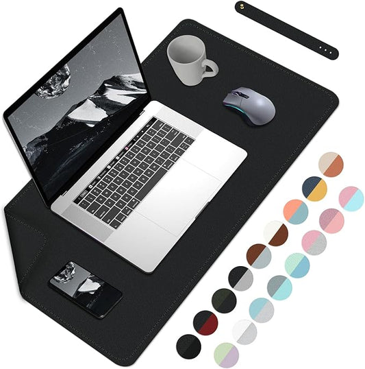 Bleswin Double-Sided Desk Mat, 23.6''×13.8'', PU Leather Mouse Pad, Waterproof Desk Pad, Laptop Leather Desk Mat, Protector for Keyboard and Mouse for Office and Home (Black+Black)