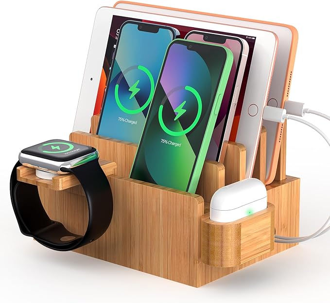 Pezin & Hulin Bamboo Charging Station Organizer for Multiple Devices, Desktop Docking Stations Holder for Cell Phone, Tablet, SmartWatch & Earbuds Stand (Included 5 Cables) (No USB Charger)
