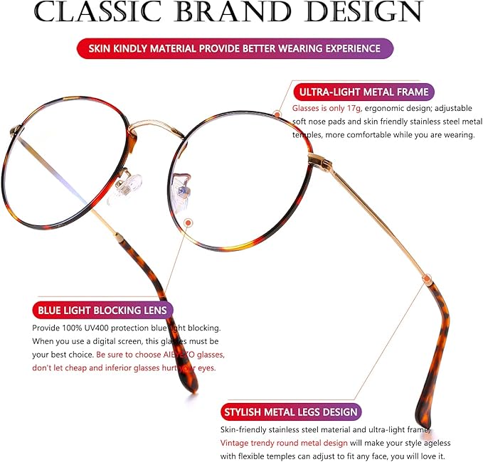 AIEYEZO Blue Light Glasses for Women Men Fashion Retro Circle Wire Frames Eyeglasses Anti-Blue Light Computer Gaming Glasses