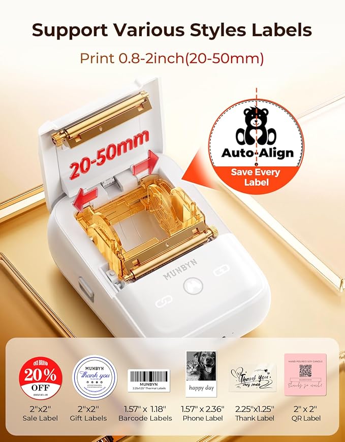 MUNBYN 6-in-1 Label Printer & Sticker Printer, Bluetooth Thermal Printer for Phone & PC, 2-Color Printing with Auto-Center Alignment, Barcode, Custom Labels, Address & Logo Labels, 1 Roll Included