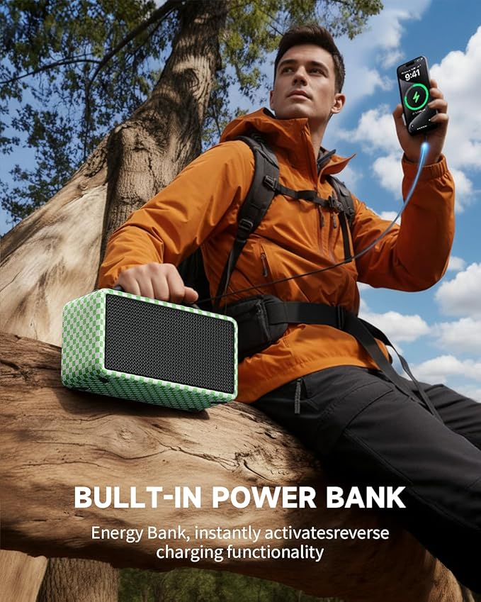 DINDIN Portable Bluetooth Speaker: 80W (Peak), 20H Playtime, Loud Wireless Wood Speakers with Bass, AUX and USB Input, Subwoofer, TWS Pairing, Vintage Speaker for Outdoor, Home, Office (White+Green)