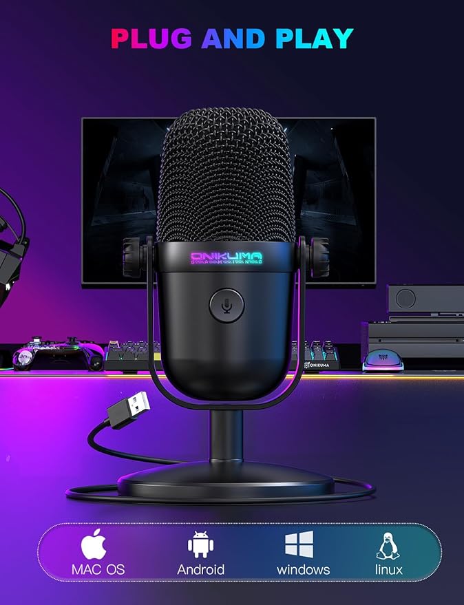 Gaming Microphone with Noise Cancellation & Mute Button, USB Condenser Mic for Streaming/Recording, Ultra-Compact Design, Compatible with PC/Mac/PS4/PS5, Podcast/YouTube/Twitch/Discord (Black)