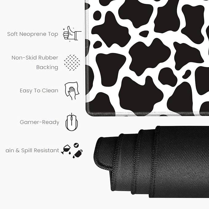 Gaming Mouse Pad Large Mousepad Cow Print Desk Mat XXL Big Desk Pad Rubber Base Computer Pad with Stitched Edges Mouse Mat for Work Game Home Office