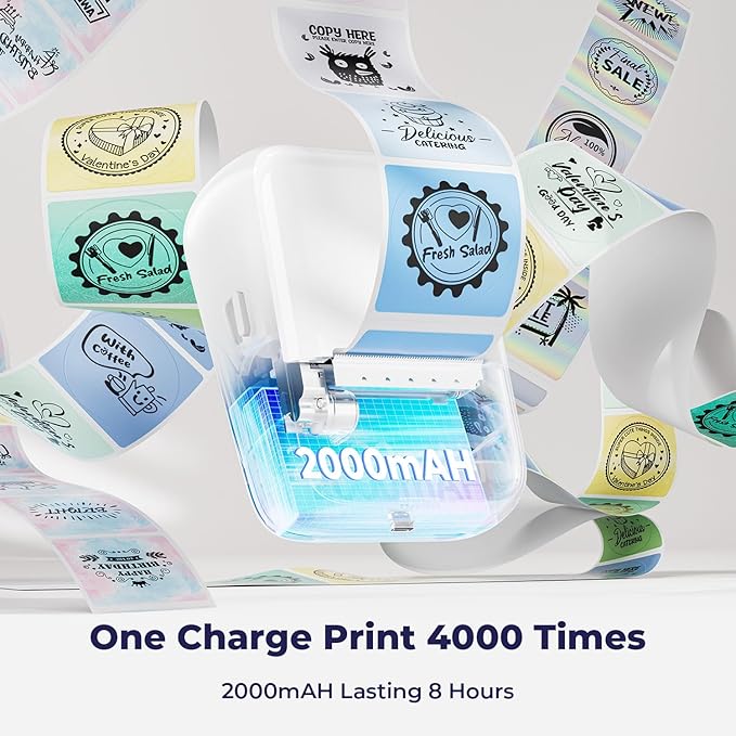 MUNBYN 6-in-1 Label Printer & Sticker Printer, Bluetooth Thermal Printer for Phone & PC, 2-Color Printing with Auto-Center Alignment, Barcode, Custom Labels, Address & Logo Labels, 1 Roll Included