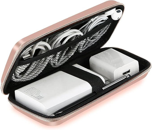 iMangoo Travel Essential Electronics Organizer Charger Case, Shockproof Dual Zipper Power Bank Cables Tech Accessories Pouch Purse, Men & Women Travel Must Have Storage Bag, 6.5x3.2x1 inch Rose Gold