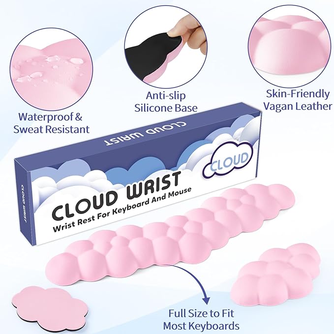 Sushret Cloud Wrist Rest for Keyboard and Mouse, Memory Foam PU Leather Keyboard Wrist Rest with Ergonomic Support, Non-Slip Base, Cute Arm Rest Pad & Palm Cushion, Office Desk Accessory, Pink