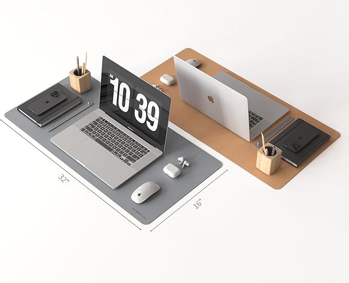 RENMTURE Dual-Sided Large Desk Pad, Faux Leather Natural Cork Mouse pad, Desk Accessories Protector, for Office and Home Work (Space Grey, 32"x16")