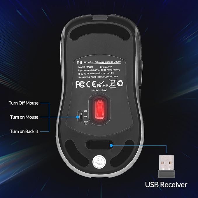 Rii RM200 2.4G Wireless Mouse with USB Nano Receiver, 5 Buttons Rechargeable Mouse,Colorful Backlit RGB Gaming Mouse for Notebook,PC,Computer-Black