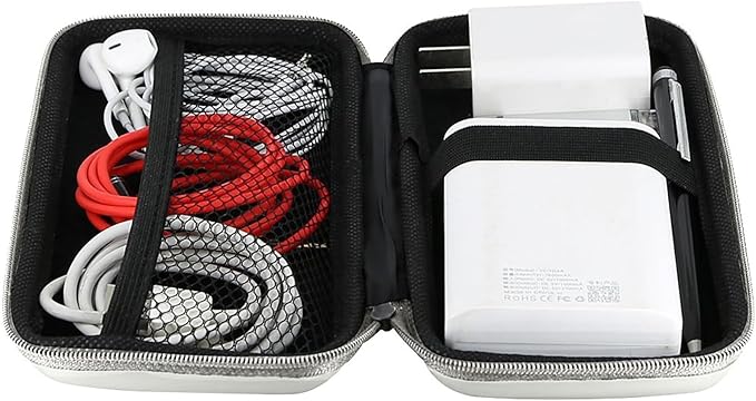 iMangoo Travel Essential Electronics Organizer Charger Case, Shockproof Dual Zipper Power Bank Cables Tech Accessories Pouch Purse, Men & Women Travel Must Have Storage Bag, 6.5x3.2x1 inch Silver