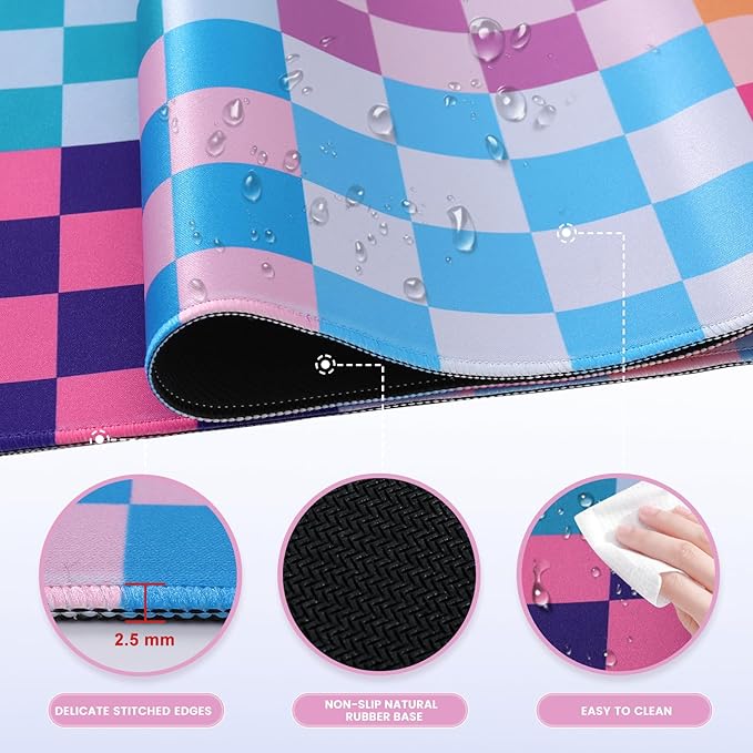 iLeadon Desk Mat Cute,Computer Desktop Mouse Pad,Colorful Checkered Desk Mouse Mat Extra Large,Long Full Rubber Base Mousepad with Stitched Edges,Keyboard Mat for Women Office,Home