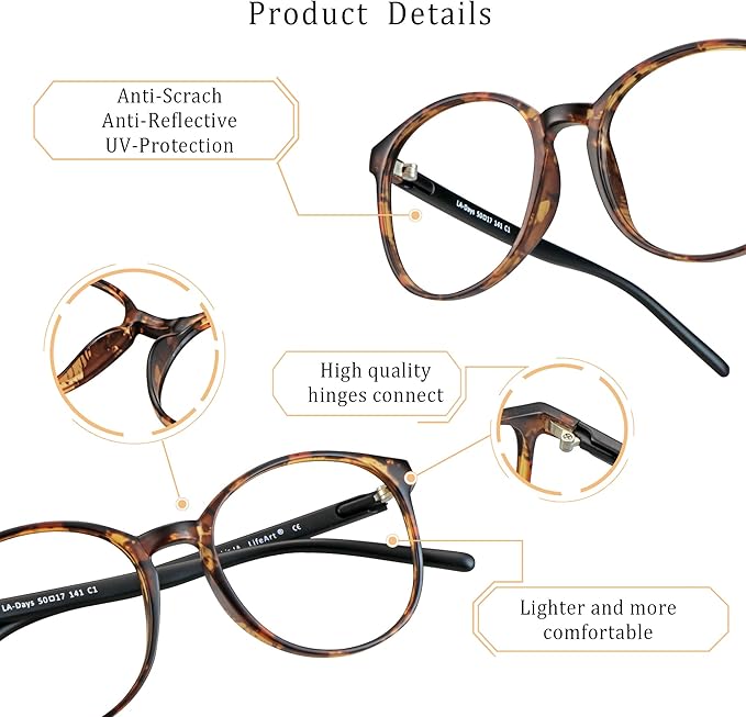 LifeArt Round Blue Light Blocking Glasses, Computer Glasses, Gaming Glasses, TV Glasses for Women Men (Tortoise, 2.00 Magnification)