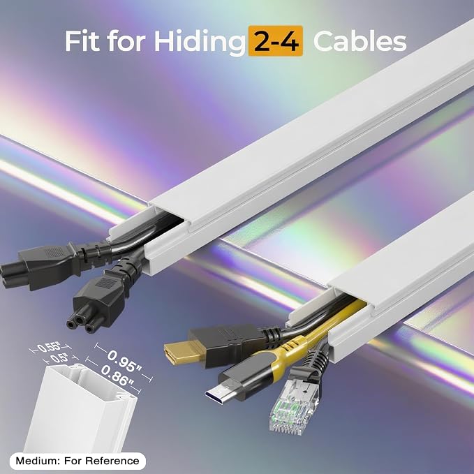 113.4in Cord Hider Kit, Cord Covers for 2-4 Wires on Wall, Self-Adhesive Cable Hider Wire Covers for Cords on Wall, Paintable Cord Hider for Walls Mount Tv, Cable Cover Raceway, W0.95 H0.55in, White - Image 2