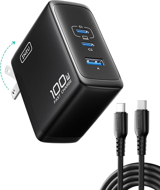 INIU for MacBook Pro Charger, 100W GaN Tech Fast Charging, 3-Port Compact Foldable Charger with USB C Cable, Power Adapter for Mac Book, iPhone 17, Samsung S25, Switch, Photographers, Outdoor, Travel
