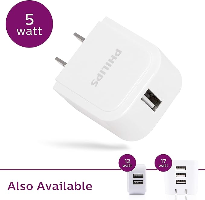 Philips Accessories USB-A Wall Charger, 5W, for iPhone 13/12/11/Pro/Pro Max/Mini, iPad Pro, Samsung Galaxy S21, Google Pixel 6, DLP2409/37