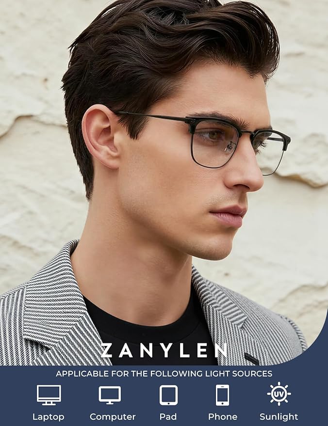 ZanyLen Blue Blocker Glasses for Men Metal Browline Computer Gaming Glasses Filter Blue Ray