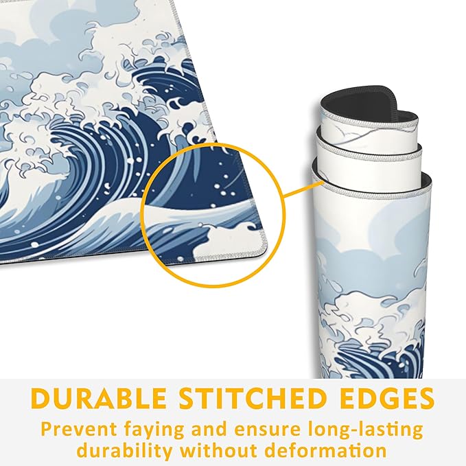 Mountain Gaming Mouse Pad,Japanese Blue and White Sea Wave Desk Mat,31.5""X15.7"" Large Desk Pad with Stitched Edge Non-Slip Base Keyboard Big Mouse Pad for Office Home Work Gaming, WDQ-D05