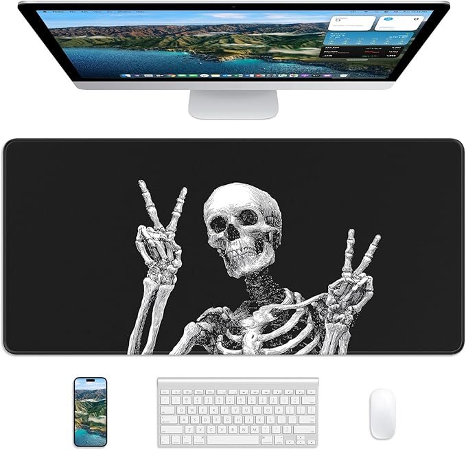 XL Gaming Mouse Pad, 31.5x15.7'' Large Desk Mat with Anti-Slip Rubber Base & Stitched Edges for Gaming, Office, Home - Fun Skull