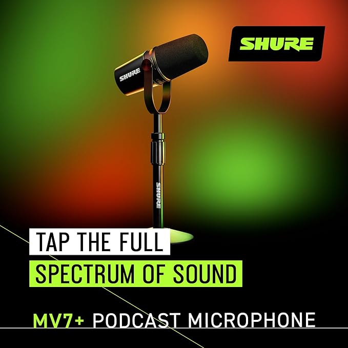 Shure MV7+ Podcast Dynamic Microphone with Stand – OBS Certified, Enhanced Audio, LED Panel, USB-C & XLR Outputs, Auto Level Mode, Digital Pop Filter – for Podcasting, Streaming, and Recording, Black