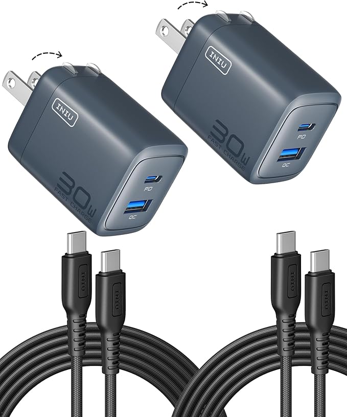 INIU USB C Charger Block, 30W 2-Pack PD Fast Charging, USB C + USB A iPhone 17 Charger with Foldable Plug, GaN Tech Type C Power Adapter for iPhone 17 16, IPad Air, Samsung S25, Family, Camping, Blue
