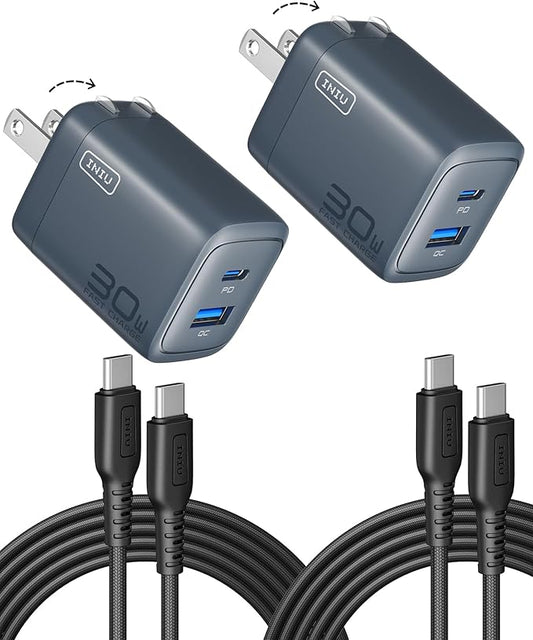 INIU USB C Charger Block, 30W 2-Pack PD Fast Charging, USB C + USB A iPhone 17 Charger with Foldable Plug, GaN Tech Type C Power Adapter for iPhone 17 16, IPad Air, Samsung S25, Family, Camping, Blue
