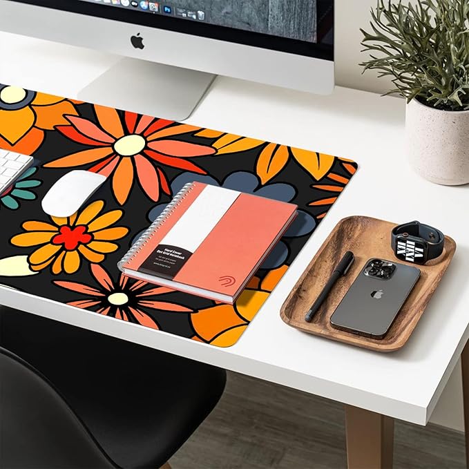 Desk Mat Large Protector Pad 23.6" ×11.8", Non-Slip PU Leather Desk Blotter, Waterproof Mouse Pad for Office Home Retro Flower