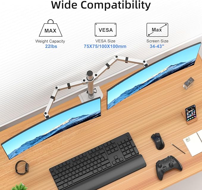Suptek Dual Monitor Desk Mount, Adjustable Dual Monitor Arm for 2 Monitor Screens up to 43 inch, 15.75" Pole Monitor Stand for Desk, Holds up to 22 lbs,Silver(MD9442LS)