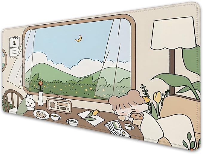 Girl and Rabbit Desktop Mouse Pad, Large Desk Mat, Cartoon Cute Gaming Mouse Pad for Computer Office Home Work (27.5X11.8 in)