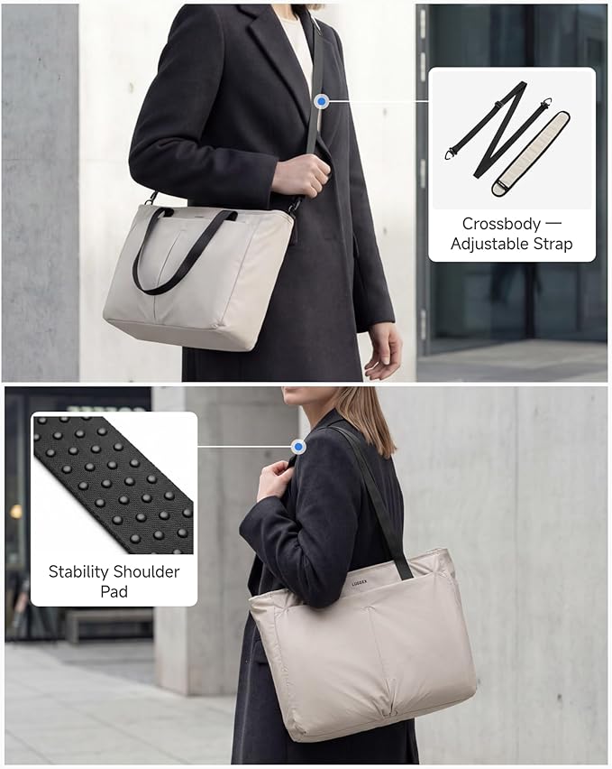 LUGGEX Laptop Tote Bag, LTX04 15L Lightweight Work Tote for 13-15.6 Inch Laptop, Water-Resistant Nylon Computer Shoulder Bag with Padded Sleeve, Bottle Holders & Luggage Strap (LTX04, Beige)