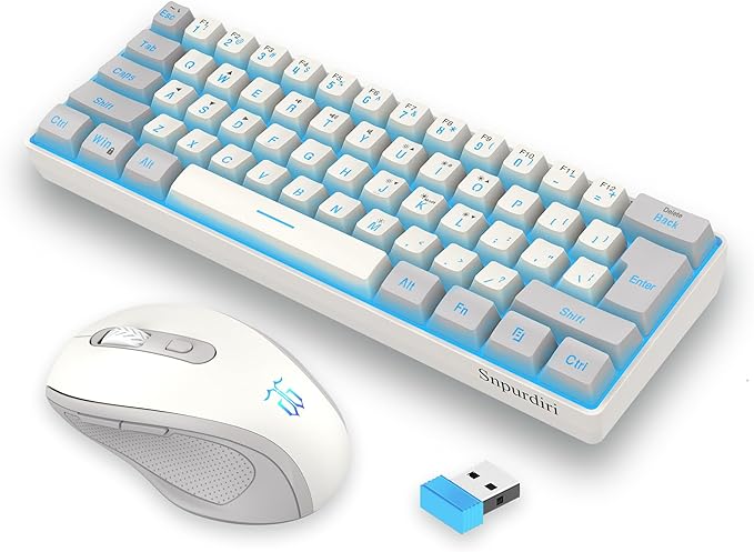 Snpurdiri 2.4G Wireless Gaming Keyboard and Mouse Combo, Include Mini 60% Mechanical Feel RGB Backlit Keyboard, Ergonomic Vertical Feel Small Wireless Mouse(Grey and White)
