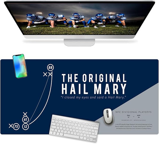 French KOKO Large Dallas Football Desk Mat for Desktop – XL Blue and Silver Desk Pad Mat Featuring The Hail Mary Play, Texas Sports Fan Gift, Man Cave Office Decor, Smooth Waterproof Desk Protector