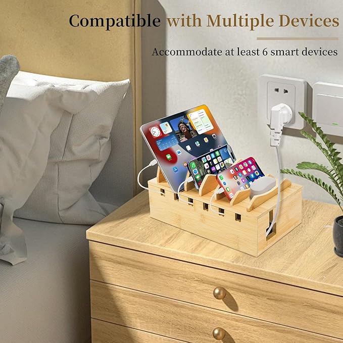 Bamboo Charging Station for Multiple Devices, Desktop Charging Organizer with Removable Divider Slots, Docking Stations Stand for 6 Devices, Compatible with Tablets, iPads, Cell Phone, Laptop