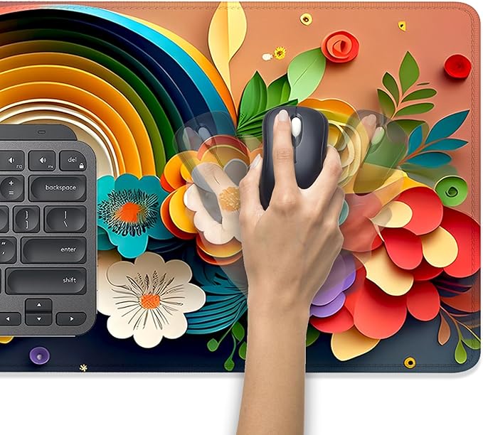 Rainbow Spring Flowers Desk Pad Mouse Pad,Floral Prints Extended Large Gaming Mouse Mat with Stitched Edges,Non-Slip Waterproof Rubber Base Mousepad for Office Work Home Desk Mat(27.5X11.8 in)
