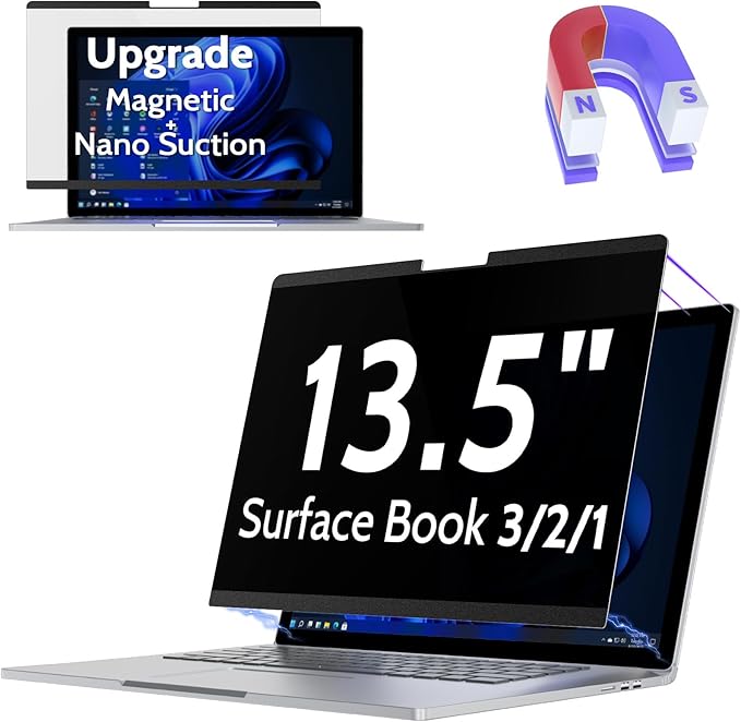 Peslv Magnetic Privacy Screen for Surface Book 3/2/1 13.5 Inch, Removable Anti Blue Light Glare Filter, Black Security Private Apy Block Protector