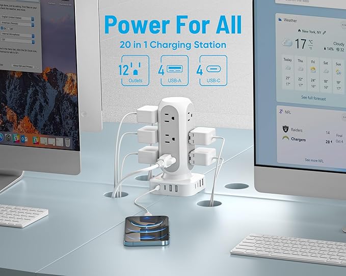 Tower Surge Protector Power Strip, Flat Plug Outlet Extender with 12 AC Outlets & 8 USB Ports, 5 FT Extension Cord with Multiple Outlets, 24W Total Charging Station for Home Office Dorm Room