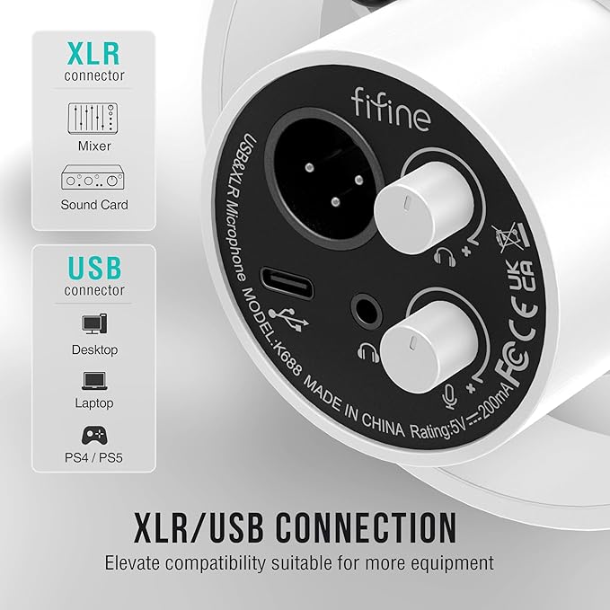 FIFINE Podcast XLR/USB Microphone Kit, Studio Dynamic Vocal Mic for Recording, Streaming, Voice-Over, PC Microphone with Boom Arm with Mute, Headphone Monitoring, Metal-AmpliTank K688T White