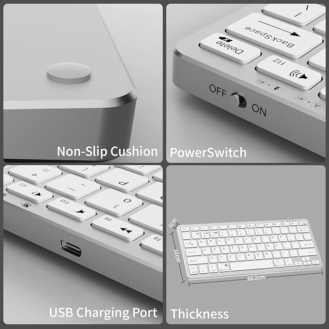 kenke Wireless Keyboard, 2.4GHz / Bluetooth 1.0/2.0 Wireless Keyboard, Low Profile & Lightweight, 78 Key, Fluid Precise Quiet Typing, Supports Bluetooth Connection, USB Rechargeable, Silvery White