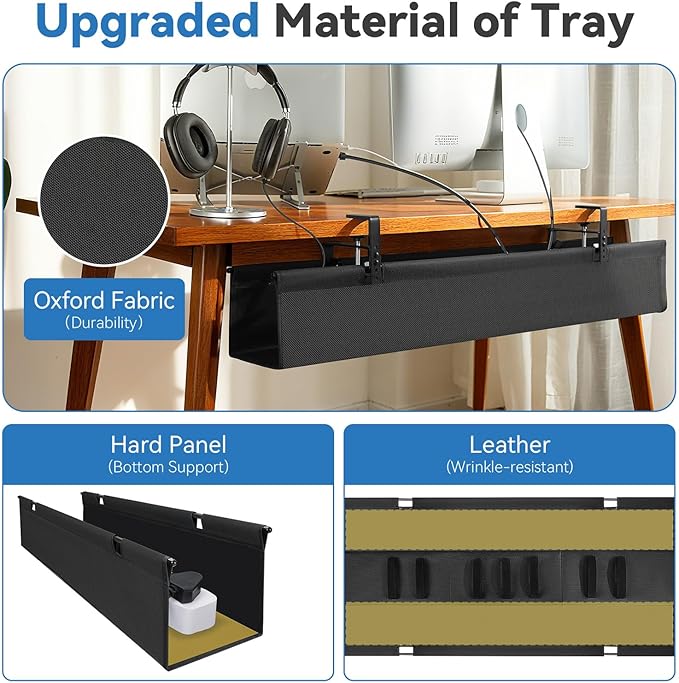 SHUWEI 36" Under Desk Cable Management Tray, Premium Fabric Cable Management for Desk, Clamp/Screw Mount Cable Tray for Office and Home (Black, 36" L) - Image 3