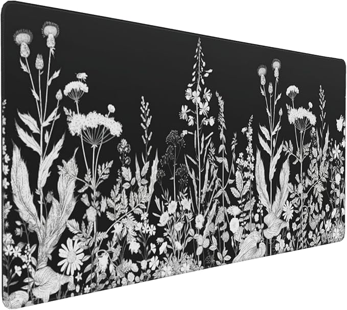 Large Floral Mouse Pad for Women, Black White XXL Desk Mat with Anti-Slip & Stitched Edges, Aesthetic Desk Pad for Keyboard and Mouse, Cute Office Supplies & Home Decor for Computer Desktop